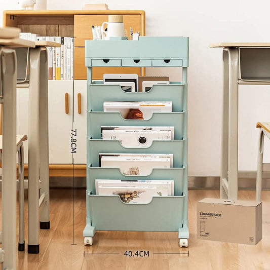 SYGA Removable Multifunctional Book Storage Rack Shelf Living Room Layered Plastic Magrack 3drawers with Wheels (Blue)