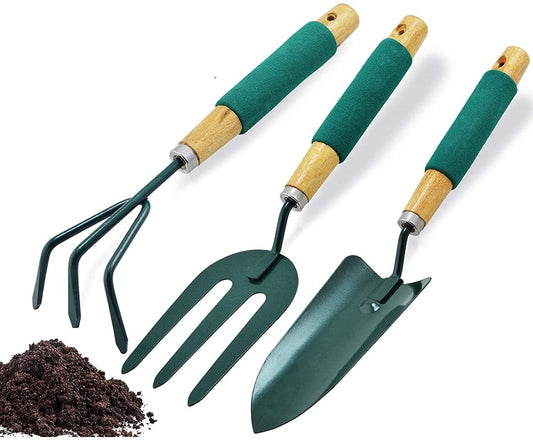SYGA 3Pcs Small Garden Tools Set Heavy Duty 1Garden Hands Shovel Trowel 1Claw Rake 1 Plants Fork with Ergonomic Wooden Handle Metal Bonsai Tool Kit for Transplanting and Digging