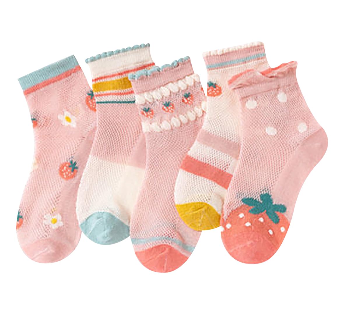 SYGA 5 Pairs Baby Girl & Baby Boy Socks, Toddlers Infant Cotton Stretch Crew Socks with Light Strawberry Design, Suitable for 0-2 Years baby