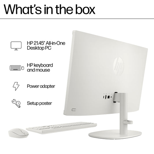 HP All-in-One Desktop Intel® Core™ i3-N300,21.5 inch(54.5cm),FHD,Anti-Glare,8 GB DDR5, 512GB SSD,White Wireless Keyboard and Mouse Combo,White, Windows 11, 4.17kg,22-dg0786in