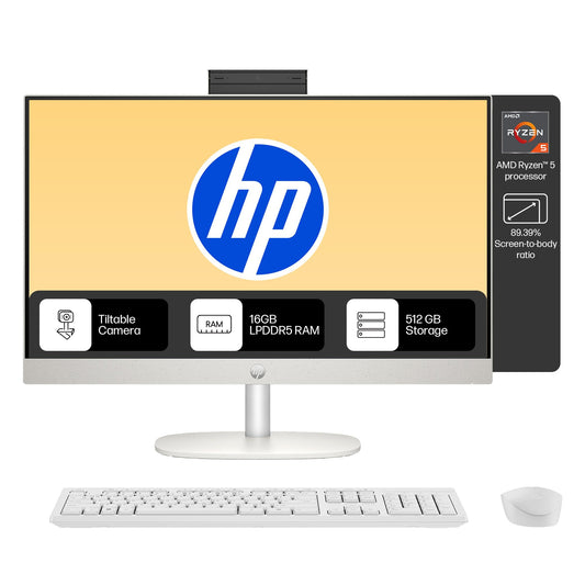 HP All-in-One Desktop 24 PC, AMD Ryzen 5 7520U, 16 GB LPDDR5, 512GB SSD, 60.5 cm (23.8"), Dual 2W Speakers,Windows 11,MSO, Shell White, 5.27 kg, 24-cr0025in