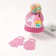 SYGA Children's Unicorn Beanie Cap & Gloves Set Winter Pom Pom Hat Combo for Ages 5-10 Years Warm Knitted Design(Pink)