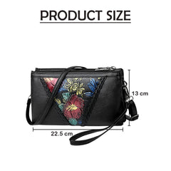 MOMISY Women Embroidery Crossbody Bag Small Shoulder Black Purse Soft Synthetic Leather Mobile Cell Phone Bag For Ladies (Hibiscus)