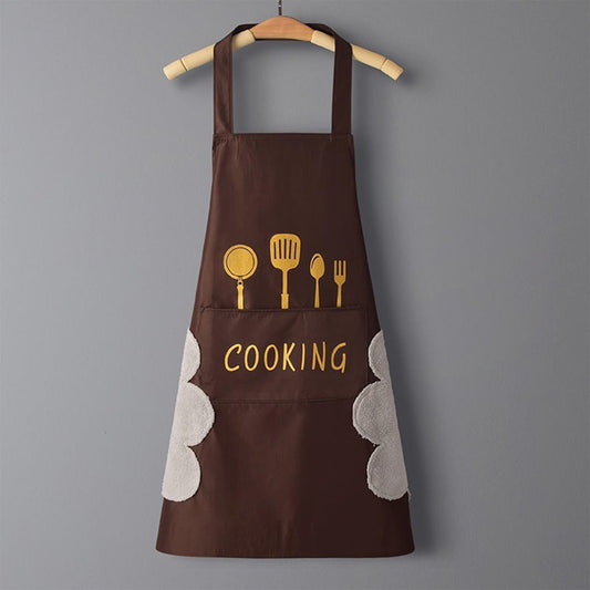 MOMISY Waterproof Kitchen Apron, Cooking Apron with Pockets, Side Towel for Hand Wiping, Suitable for Men and Women (Brown)