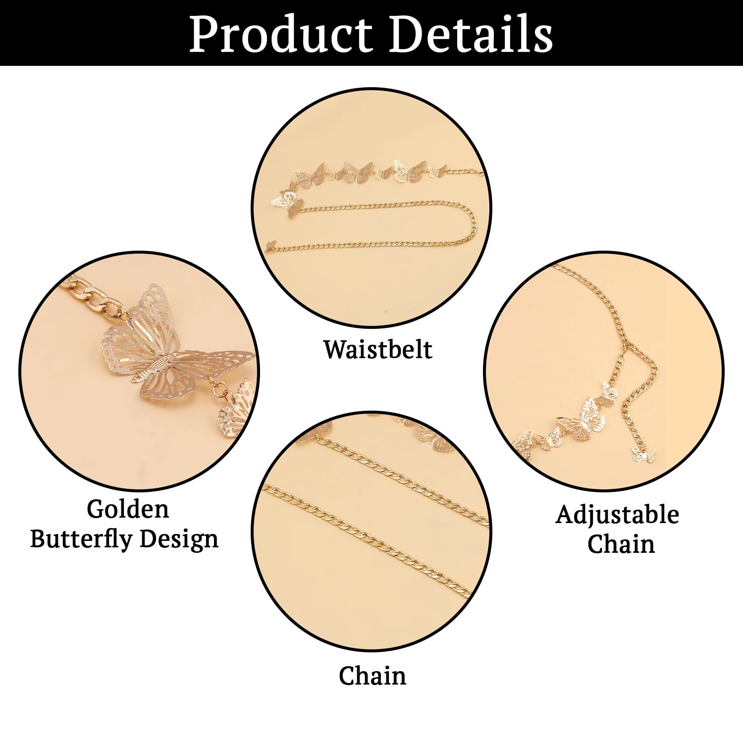 SYGA Women's Simple Geometric Versatile Body Chain Punk Style Stitching Single Layer Hollow Butterfly Waist Chain(Gold)
