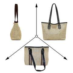 MOMISY Women's Straw Large Capacity Shoulder Tote Handbag with Top Handle-Black Handle