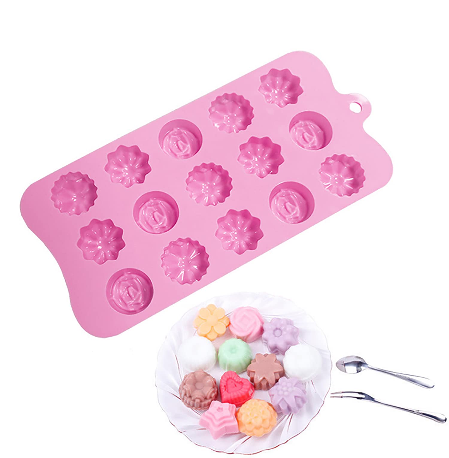 SYGA Silicone Rose & Candy Flowers Shape Chocolate Jelly Candy Mold, Cake Baking Mold, 15-Cavity Bakeware Mould, Pink