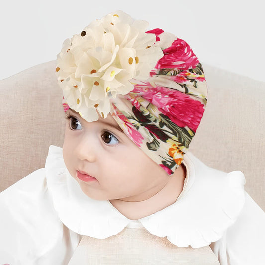 SYGA Baby Turban Hat, Toddler Beanie Cap Infant Hat 6 Month - 4 Year Cotton Floral Hat Headwear Cap Hat Accessories Unisex Hat, Peach Floral, 1 Piece