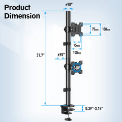 MOUNTUP Dual Monitor Stand, Vertical Mount for 2 Max 32 inch Stack Screen Monitors, Height Adjustable, Swivel, Tilt Monitor Desk Mount with C Clamp Grommet Base, MU3004