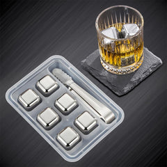 SYGA 6 Stainless Steel Whiskey Stones Ice Cubes with Tongs & Container - Food Grade Quick-Frozen Ice for Wine - Metal Ice Cubes for Chilling Red Wine