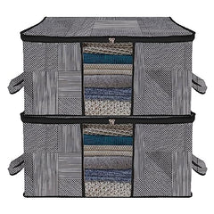 Kuber Industries Non-Woven Underbed Storage Bag | Clothes Storage Organizer | Blanket Cover With Clear Window | Zipper Closure & Handle Cloth Organizer | Check-Design | Large | Pack Of 4 | Cream