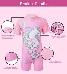 SYGA Children's Swimsuit Short-Sleeve Seahorse Unicorn XL Size Perfect for Kids Age 7-8 Years Old (Pink)
