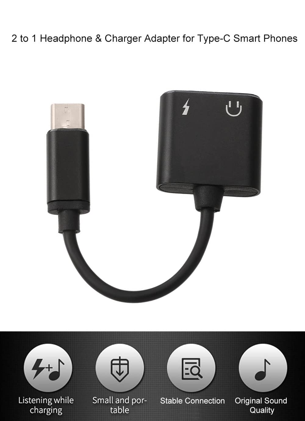 SYGA 2 in 1 Type-C to 3.5mm Headphone Jack Adapter/Connector Charger, Earphone Aux Mobile Phone Audio and Charge Adapter - Black