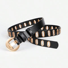 SYGA Women's Gold Oval Eyelet Belt Round Button Jeans Belt(Black)