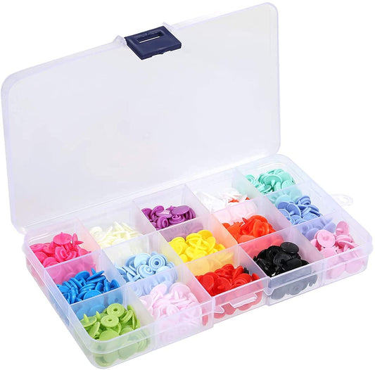 SYGA Plastic Snap Buttons Set-300 pcs T5 Fastener Snap Button with 15 Colors (20 Each) Press Stud for Sewing, Craft, Embroidery, DIY Clothing, No-Sew for Baby Cloth Diapers, Bibs, Different Fabrics-Multicolour