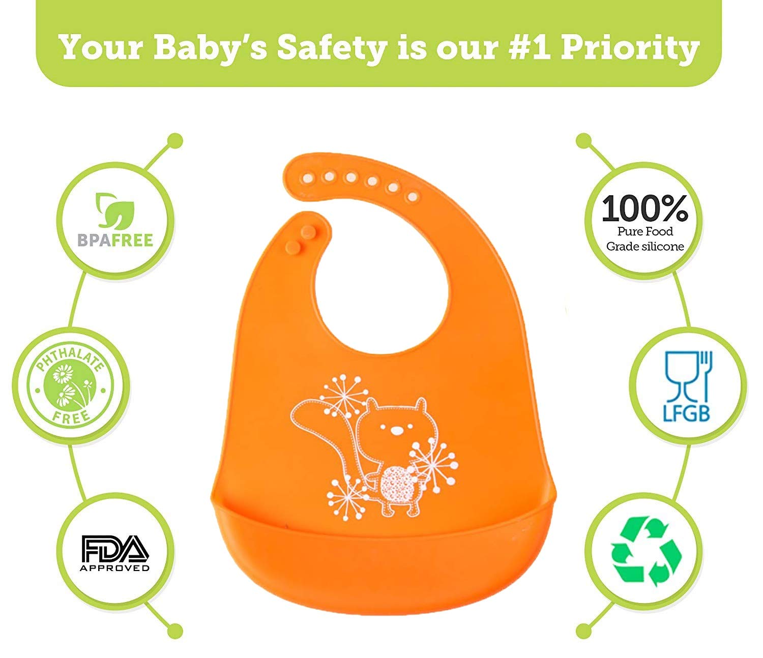 SYGA 1 Pcs Baby Bib Cute Cartoon Printing Waterproof Adjustable Silicone Bib Rice Pocket_Blue For 6 Months - 3 Years