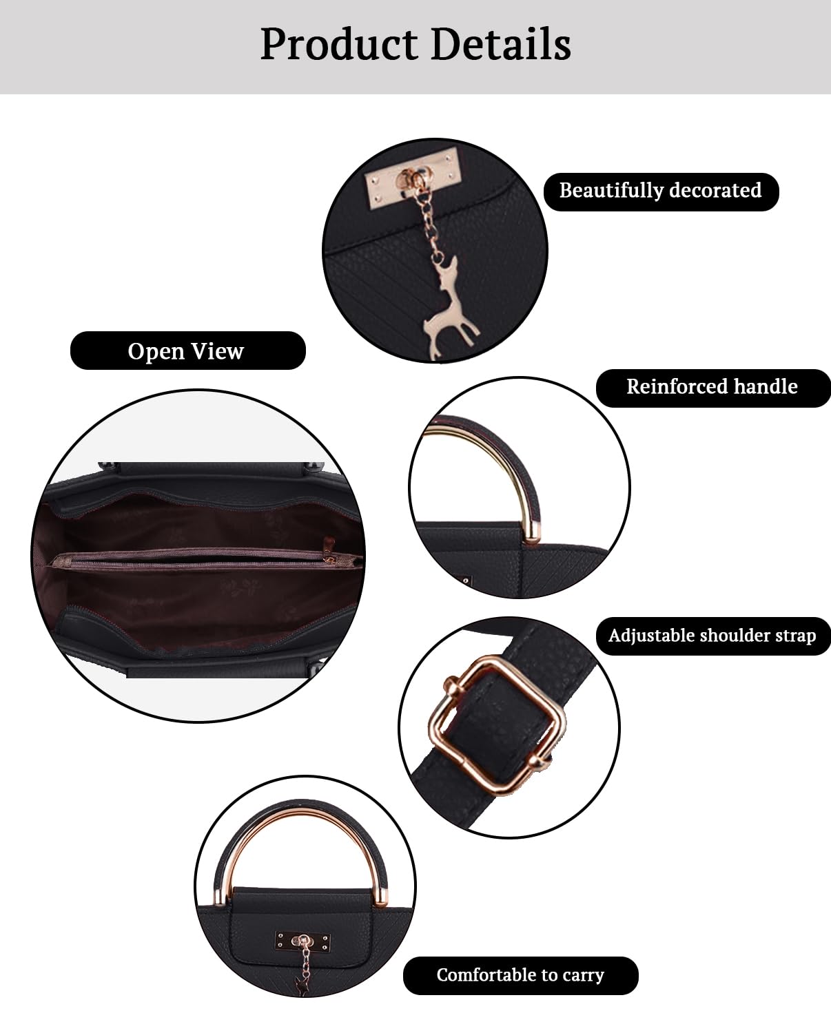SYGA Women's Handbag Corrugated Fawn Pendant Cute Shoulder Bag Fashionable Style Crossbody Bag(Black)