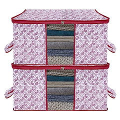 Kuber Industries Non-Woven Underbed Storage Bag | Clothes Storage Organizer | Blanket Cover With Clear Window | Zipper Closure & Handle Cloth Organizer | Check-Design | Large | Pack Of 4 | Cream