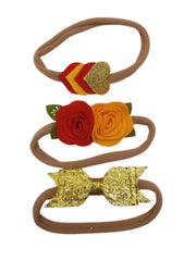 MOMISY Headbands Flowers Soft Synthetic Hairbands for Baby Girls, Infants and Toddlers, Pack of 3 - Multicolor (Free Size, Peach Red Golden)