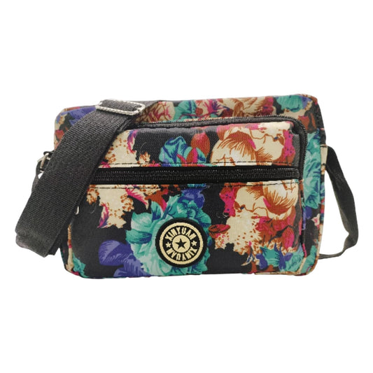 MOMISY Women Mobile Messenger Cellphone Bag Ladies Nylon Shoulder Cross Body Long Strap For College, Outing, Travelling, Work (Medium, Big Flower), Grey
