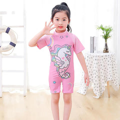 SYGA Children's Swimsuit Short-Sleeve Seahorse Unicorn M Size Perfect for Kids Age 3-4 Years Old (Pink)