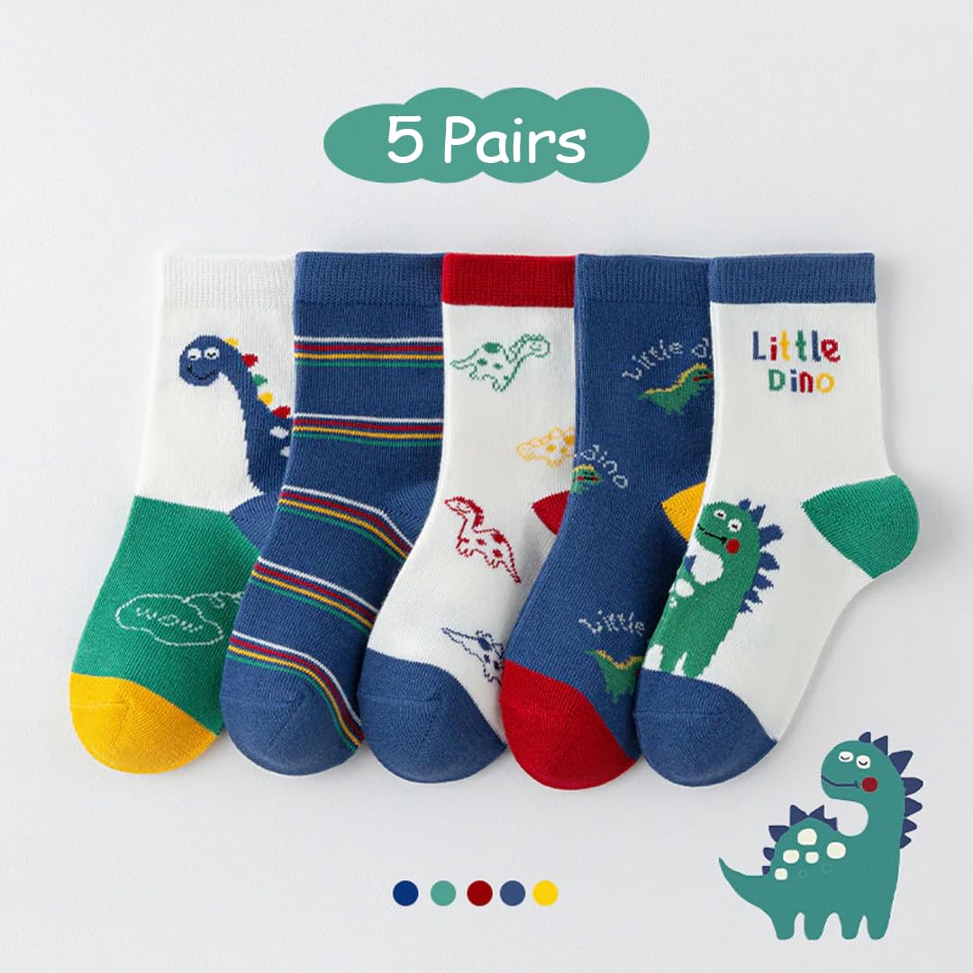 SYGA 5 Pairs Baby Girl & Baby Boy Socks, Toddlers Infant Cotton Stretch Crew Socks with Dianasor Design, Suitable for 2-5 years baby