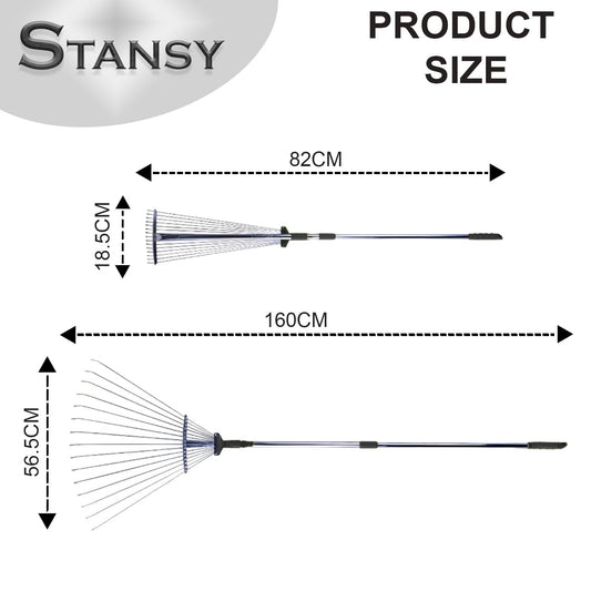 STANSY Adjustable Garden Leaf Rake, Telescopic Metal Handle 31-64 Inch, Heavy-Duty Lawn Yard Rake for Grass Clippings, Garden Debris, Outdoor Cleaning