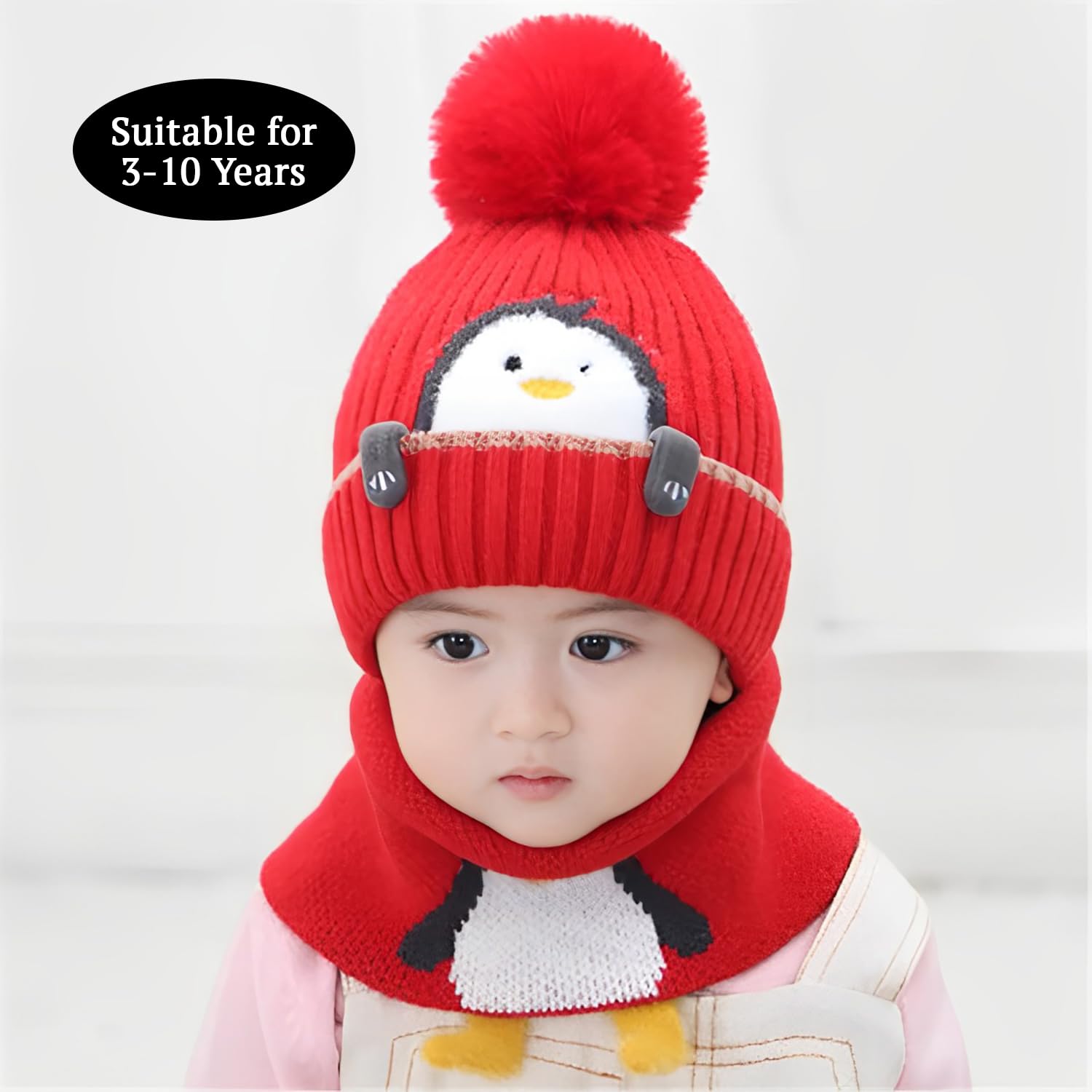 SYGA Baby Winter Cap with Scarf Knitted Penguin Design Beanie Hat for 3-10 Years, Stretchable Woolen Neck & Ear Protection(Yellow)