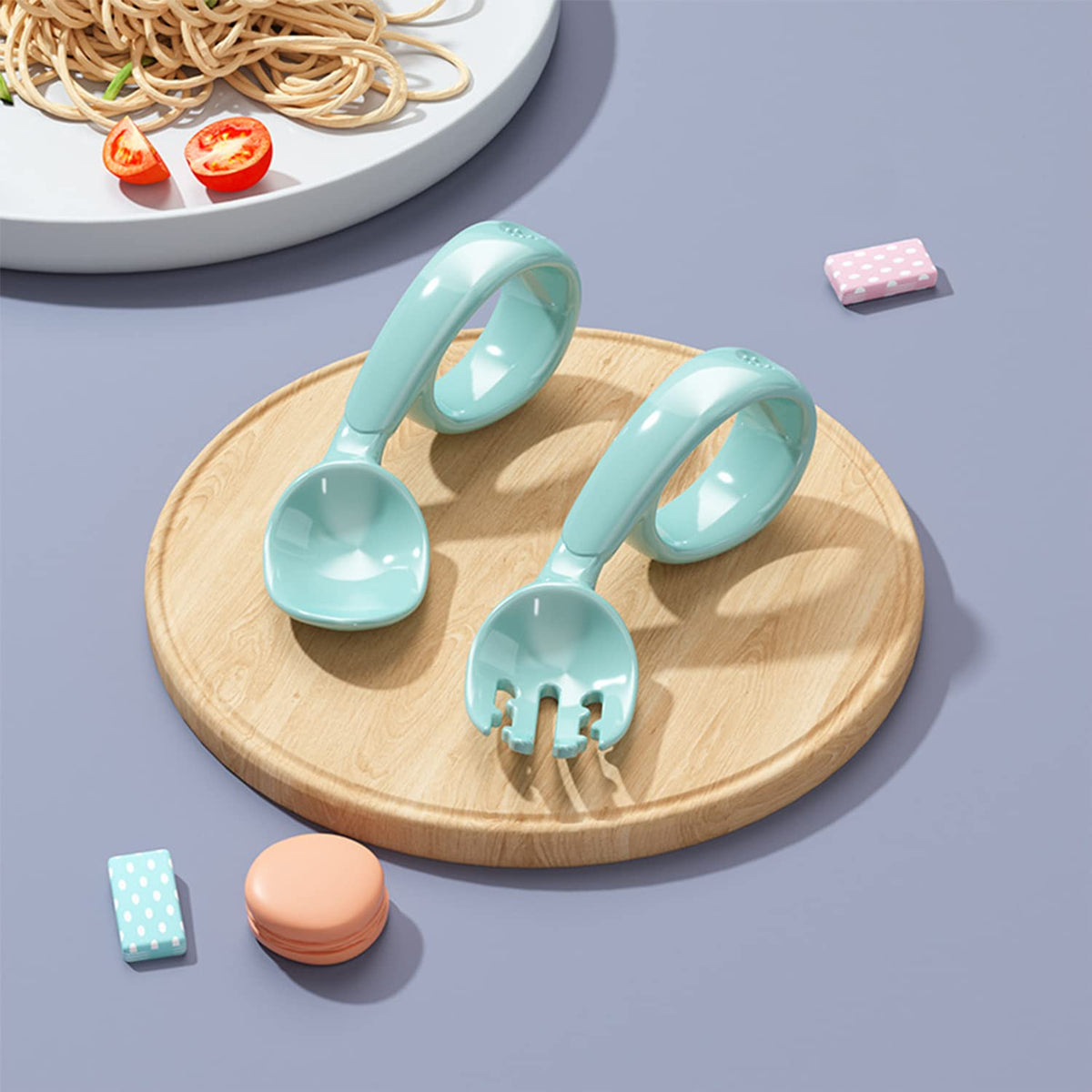 SYGA 2PCS Infant Baby Fork and Spoon Set Baby Feeding Learning Temperature Sensing Kid Utensils Toddler Anti-Choke Self Feeding Accessories (Baby Temperature Spoon Blue), Polypropylene, 3.5 inches