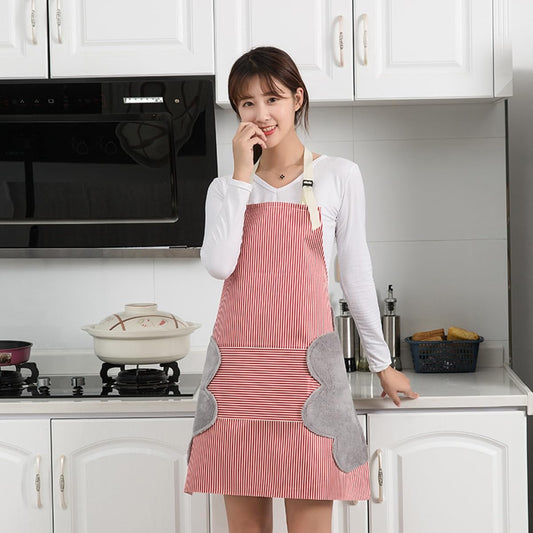 MOMISY Kitchen Cooking Apron with Pocket and 2 Stitched Towels Waterproof Adjustable Durable Stripe Kitchen Women Men Apron with Pockets Bib (Striped Red)