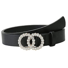 SYGA PU Leather Belt Rhinestone Waist Round Buckle Belt - Black