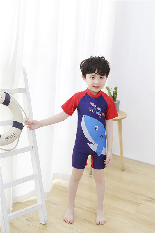 SYGA Children's Swimsuit Short Sleeve Big Red Shark-L Size Perfect for Kids Age 5-6 Years Old (Red)