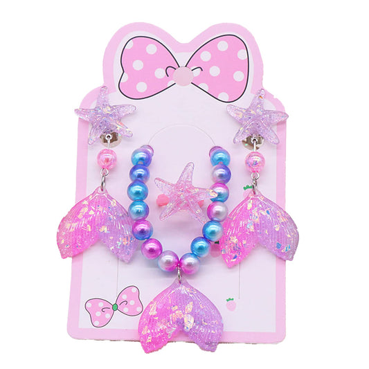 SYGA Baby Girl Cartoon Bracelet Ring Earrings Earclip Set Children Little Girls Jewelry 4 Pcs Set Kids Accessories (Gradient Blue)
