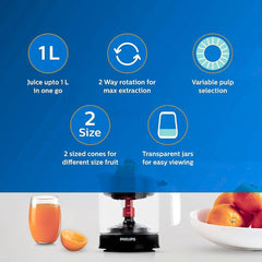 PHILIPS HD2799/00 Citrus Press Juicer Large size with 1L Capacity, 25W, Clear white transparent jar, 2 way rotation