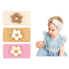 MOMISY Baby Headbands for Girls, Stretchy Flower Design, Pack of 3, Baby Shower Gift (OffWhite PinkPurple Khaki, 0-6Y)