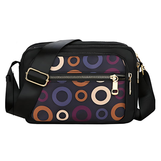 MOMISY Ladies Crossbody Bag, Nylon Shoulder Mobile Phone Purse, Circle Pattern, Black with Multi-Colour