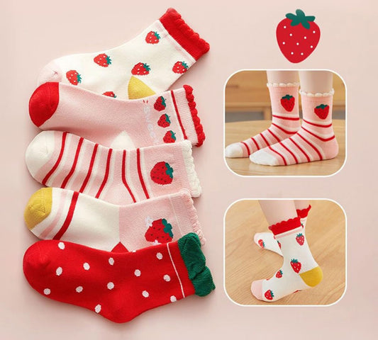 SYGA 5 Pairs Baby Girl & Baby Boy Socks, Toddlers Infant Cotton Stretch Crew Socks with Strawberry Design, Suitable for 1-3Years old baby