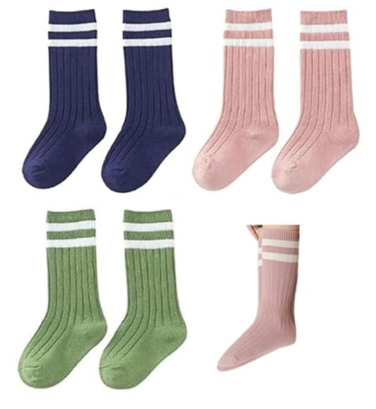 MOMISY 3 Pairs Combed Cotton Knee-High Socks, Striped (IN, Age, 0 Months, 12 Months, Striped)