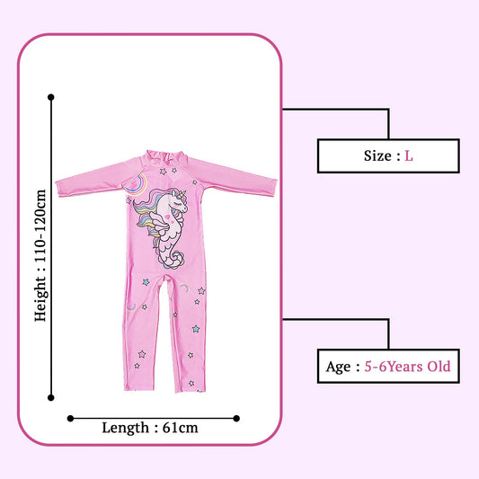 SYGA Children's Swimsuit Long Sleeve Seahorse Unicorn-L Size Perfect for Kids Age 5-6 Years Old (Pink)