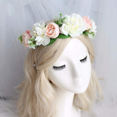 SYGA Women Front Side Rose Floral Crown Hair Wreath Leave Flower Headband Tiara with Adjustable Ribbon