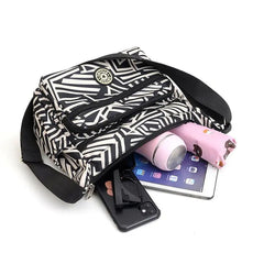 MOMISY Women Mobile Messenger cellphone Bag Ladies Nylon Shoulder Cross Body Long Strap for College, Outing, Travelling, Work (Medium, BlackGeometric)