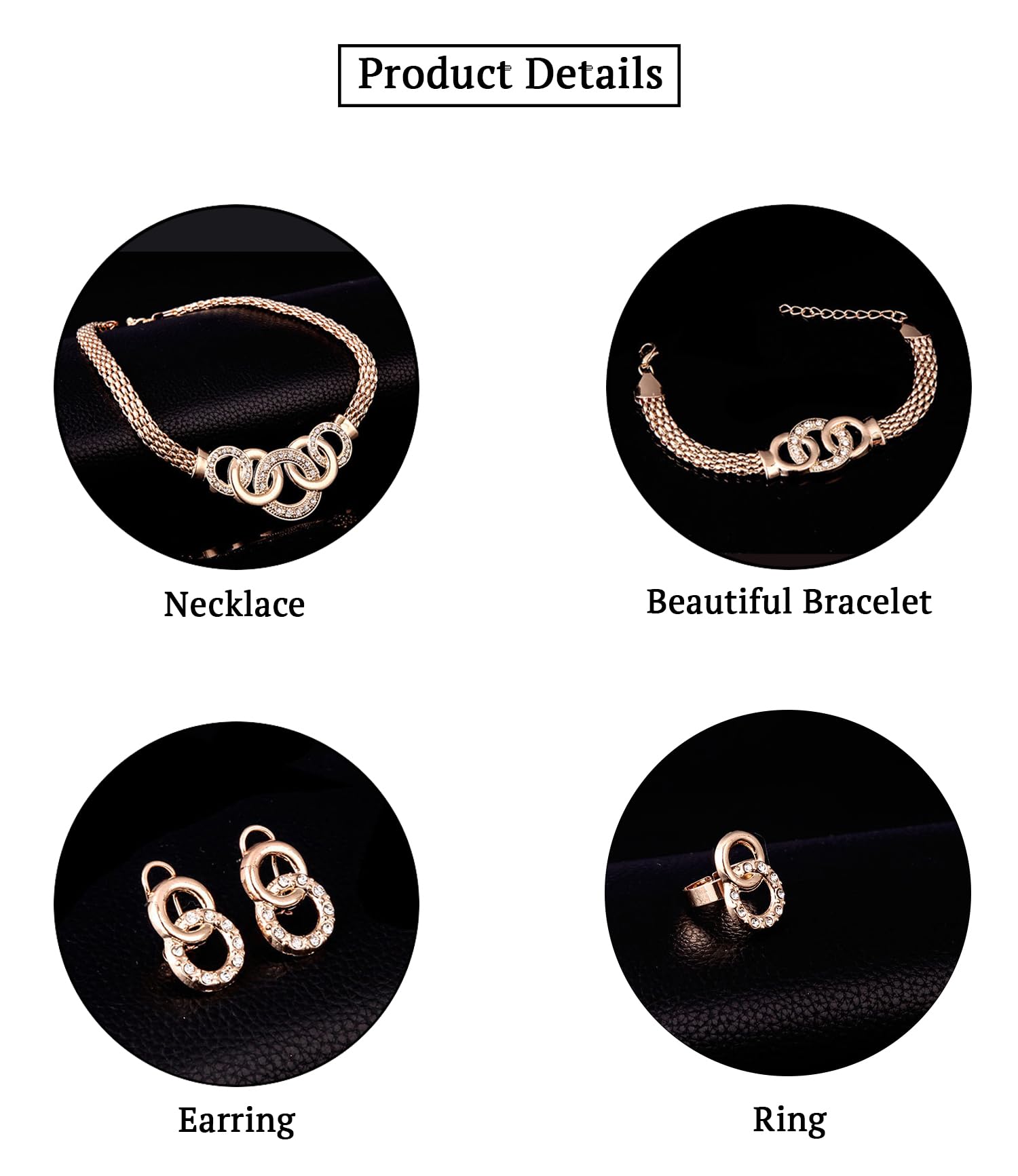 SYGA Women Necklace Set Gold-tone Five Rings Pattern Four Piece Jewelry Set Earrings Necklace Bracelet Ring Wedding Festival For Women