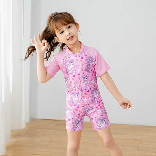 SYGA Children's Swimsuits for Girls Horse with Flowers and Stars-L Size Perfect for Kids Age 5-6 Years Old (Pink)