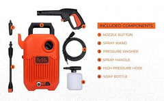 BLACK+DECKER BEPW1600 1300W 1600 PSI 110 Bar Pressure Washer for Car, Bike, Home & Garden Cleaning Use with Multiple Accessories Included, 1 Year Warranty, Orange & Black