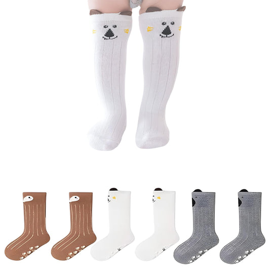 MOMISY 3 Pairs of Baby Kids Children Anti Skid Sleep Spring Winter And Autumn Combed Cotton Long Tube Knee-High Socks (IN, Age, 0 Months, 12 Months, Brown White Grey)