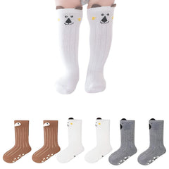 MOMISY 3 Pairs of Baby Kids Children Anti Skid Sleep Spring Winter And Autumn Combed Cotton Long Tube Knee-High Socks (IN, Age, 12 Months, 3 Years, Brown White Grey)