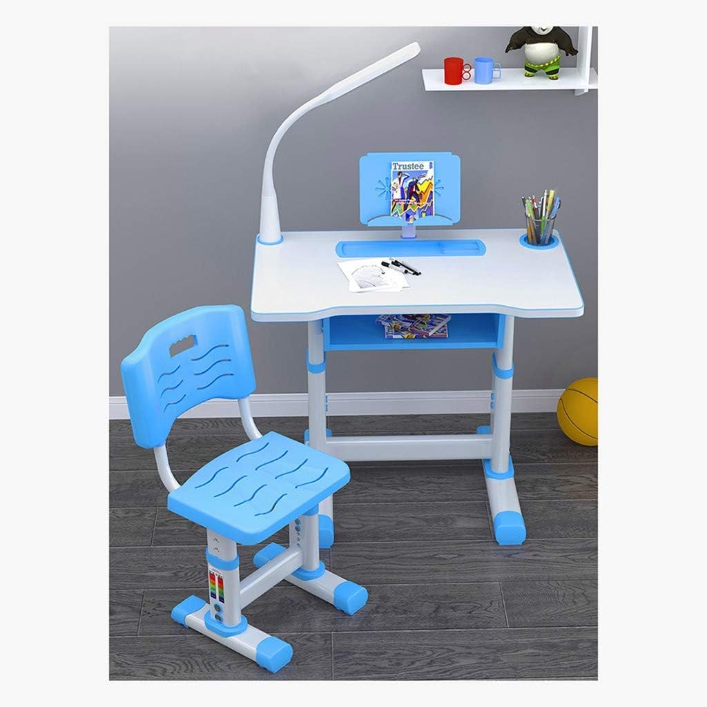 SYGA Kids Height Adjustable Desk and Chair Set Study Table Writing Desk with Eye Protection Lamp Bookshelf (70CM Upgraded Blue)