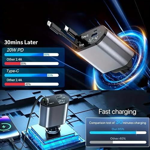 120W Fast Car Charger with 80CM Retractable Type-C & 30-pin Port Cables Charging for 4 Devices – Universal Car Mobile Charger for All Smartphones & Tablets (4 in 1 Car Charger)