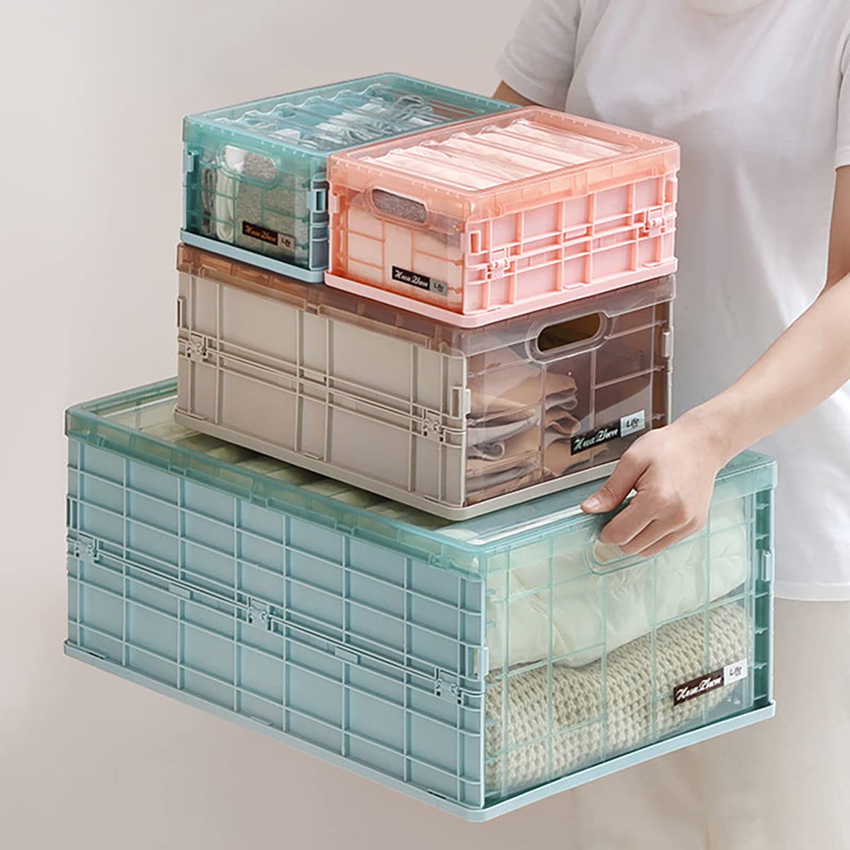 SYGA Large Storage Box Plastic Foldable Transparent Belt Cover Clothes Toy Book Snack Size Finishing Box(Blue)