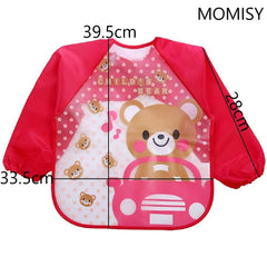 MOMISY Waterproof Smock Painting Apron for Kids Full Sleeve Feeding Bib for Babies Cartoon Animal Art for Infants Toddler Boys Girls (Pink Bear-Yellow Monkey)-Set of 2